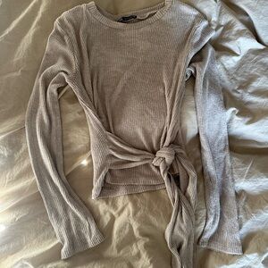 Beige Long Sleeve Tie Top
